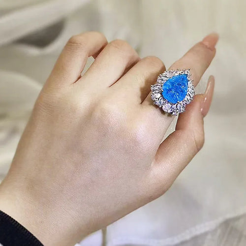 Load image 1 in gallery view. Luxurious Ring Resizable Water Drop Shape Shining Blue Stone with Princess Cut Design