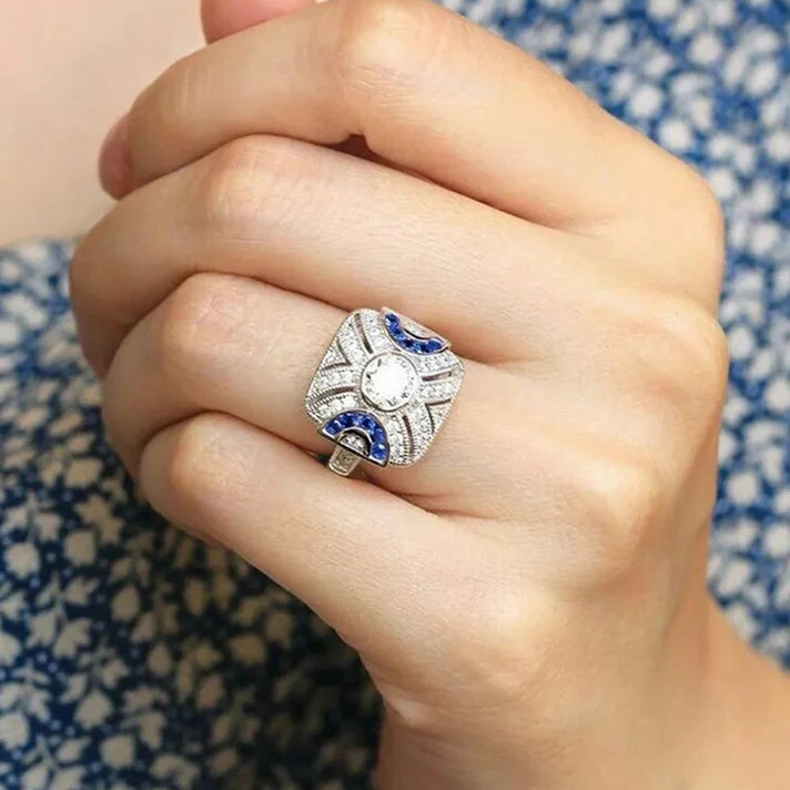 Geometric Square Design Round Imitated Diamond Rings for Engagement Wedding Silver Plated Rings Jewelry for Women