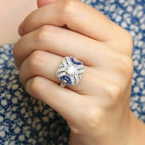 Load image 1 in gallery view. Geometric Square Design Round Imitated Diamond Rings for Engagement Wedding Silver Plated Rings Jewelry for Women