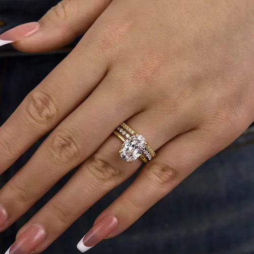 Load image 1 in gallery view. Rhodium Plated Zircon Eternity Ring Set, Oval Cut Stackable Bands