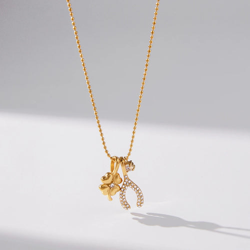 Load image 1 in gallery view. Zircon Four Leaf Clover Wishbone Bead Chain Lucky Charms Necklace Waterproof/Hypoallergenic