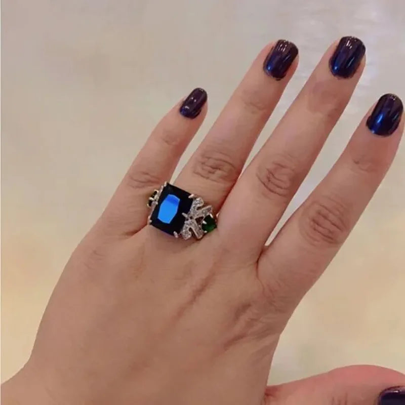 Silver Plated Blue Crystal Zircon Vintage Style Cushion Cut Sparkling  Rings for Women