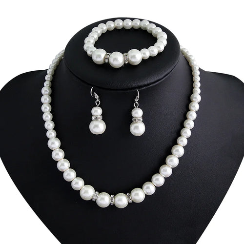 Load image 1 in gallery view. White Pearl Jewelry Set Necklace Earrings and Bracelet for Women