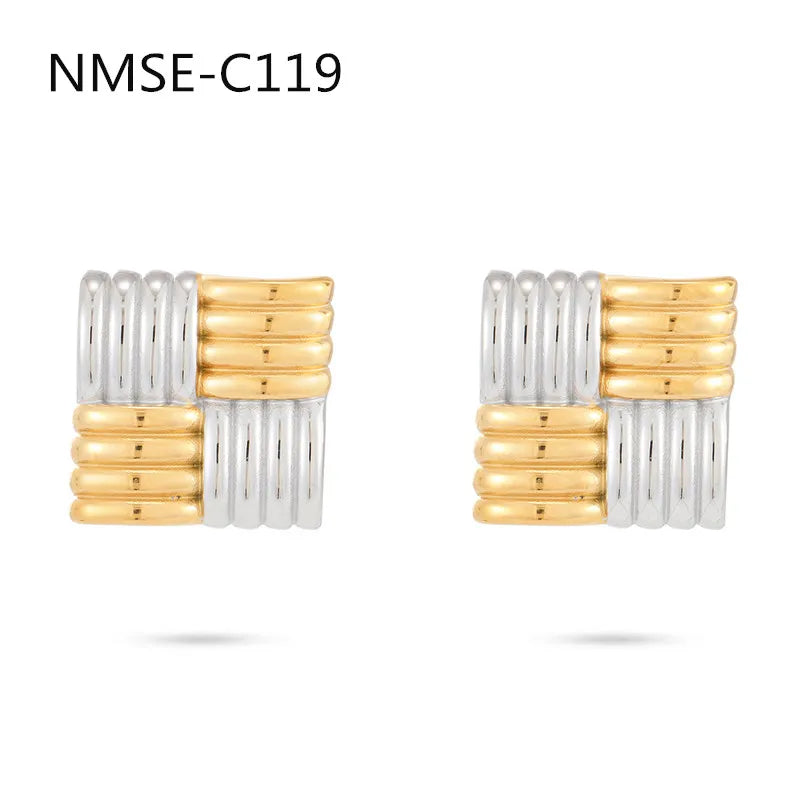 Gold Plated Two-Tone Geometric Square Stud Earrings – Stainless Steel