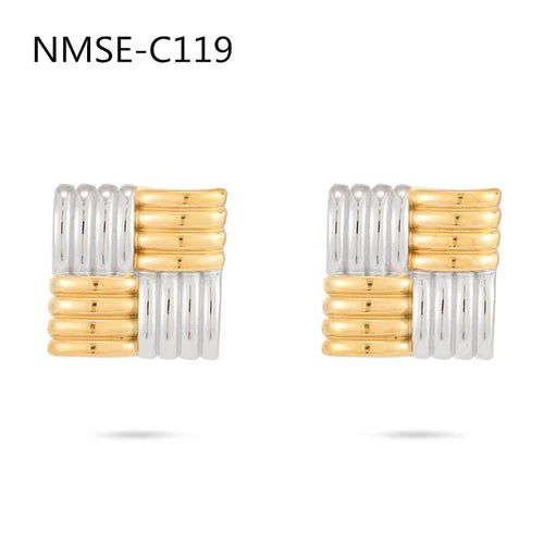 Load image 1 in gallery view. Gold Plated Two-Tone Geometric Square Stud Earrings – Stainless Steel