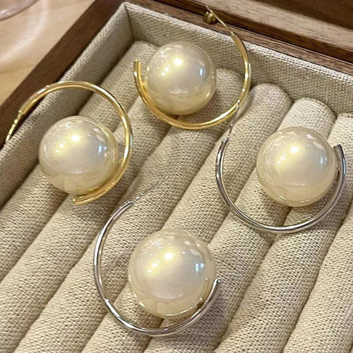 Load image 1 in gallery view. C-Shaped Pearl Earrings for Women Girls, Silver Plated, Gold Plated