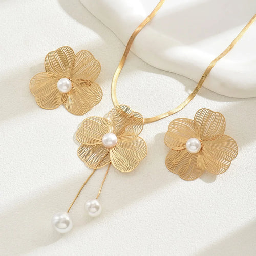 Load image 1 in gallery view. Flower Pearl Set Necklace Ring Earring Fashionable Simple Design For Women Parties