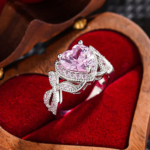 Load image 1 in gallery view. Elegant Butterfly Knot Design Heart Shaped Dazzling Pink Crystal Zircon Ring for Women