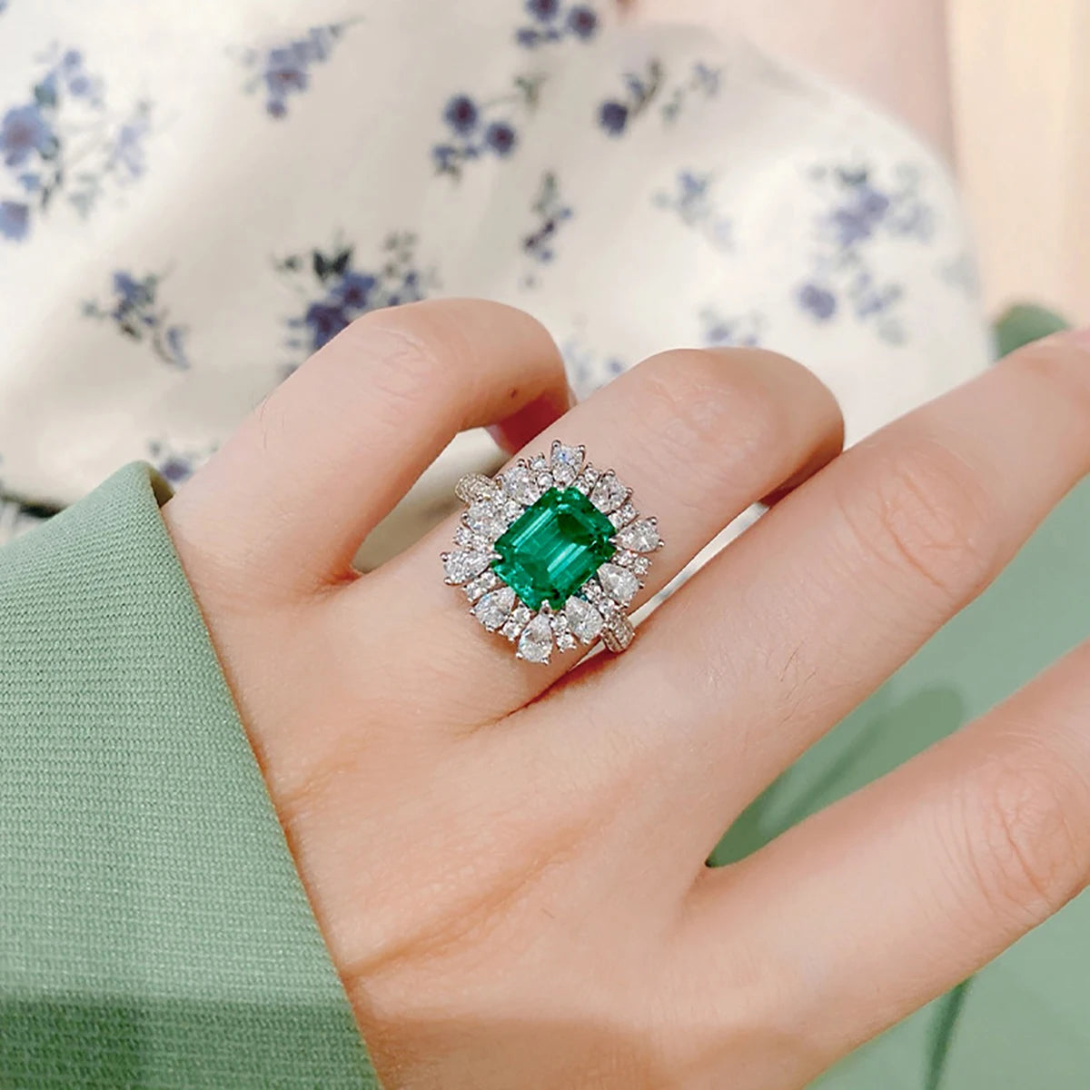 Silver Cubic Zirconia Flower Ring, Geometric Design Green & White Crystal Ring