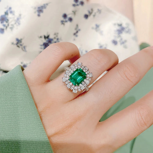 Load image 1 in gallery view. Silver Cubic Zirconia Flower Ring, Geometric Design Green & White Crystal Ring