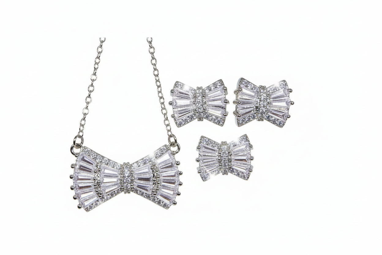 Minimalist Bowknot Zircon Platinum Plated Jewelry Set