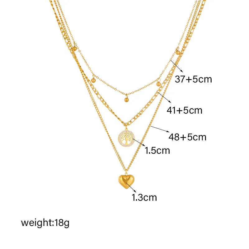 Gold Plated Round Sign Heart Tree of Life Pendant Multi-layer Necklace