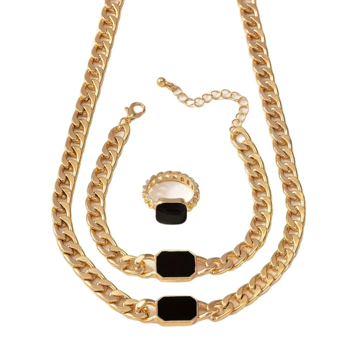 3pc Jewelry Set Exaggerated Geometric Black Gold Plated Necklace Chains