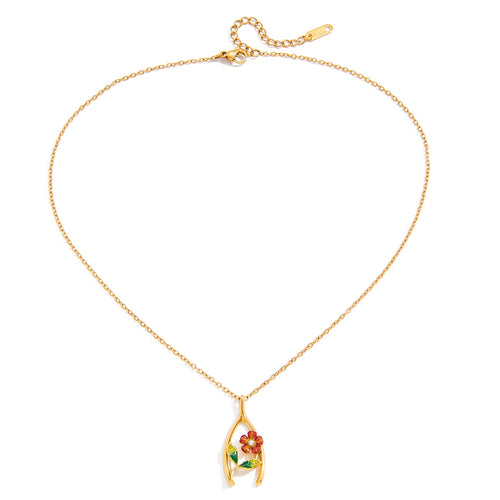 Load image 1 in gallery view. Flower Lucky Bone Wishbone Pendant Necklace