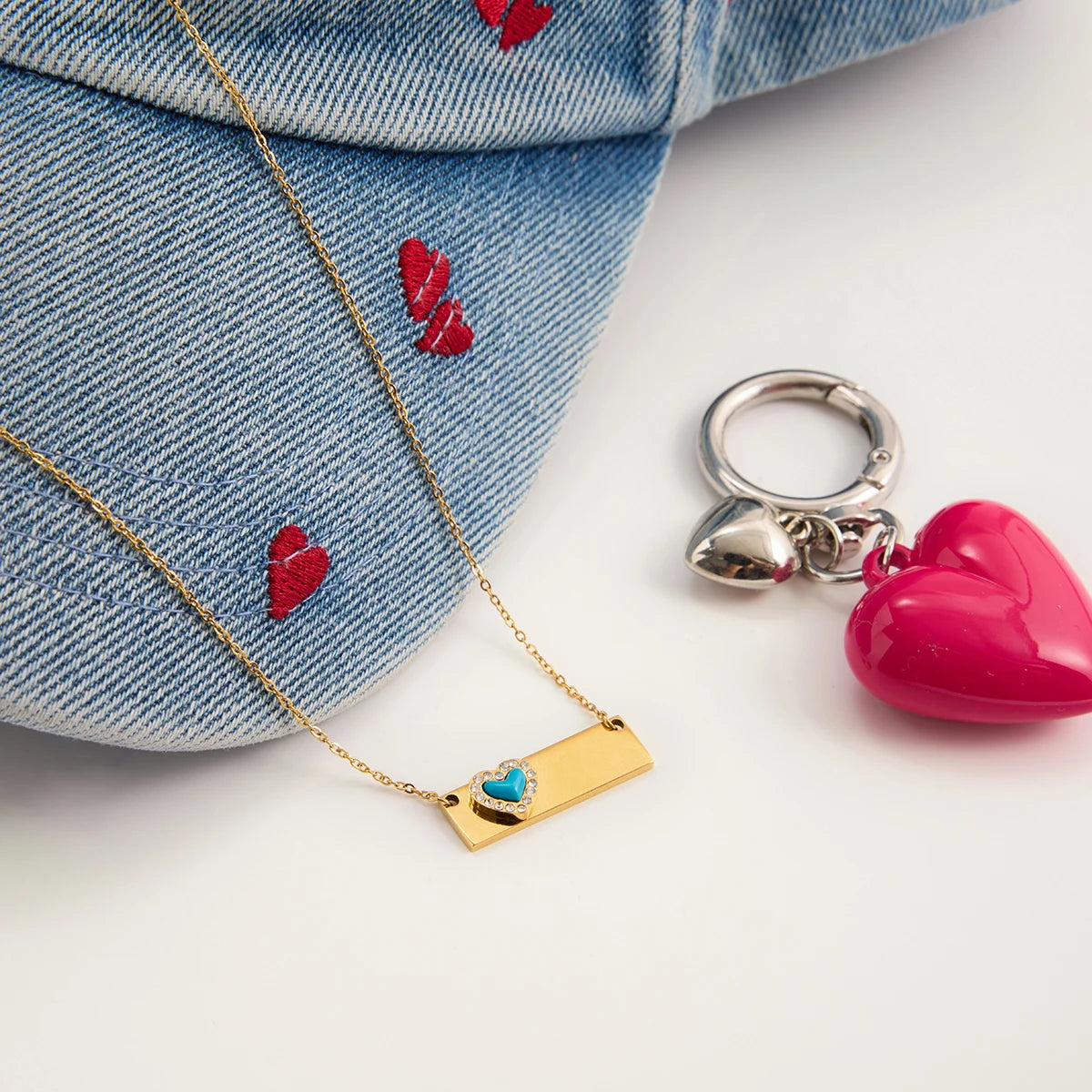 18K Gold Plated Classic White Rhinestone Blue Turquoise Heart Pendant Necklace