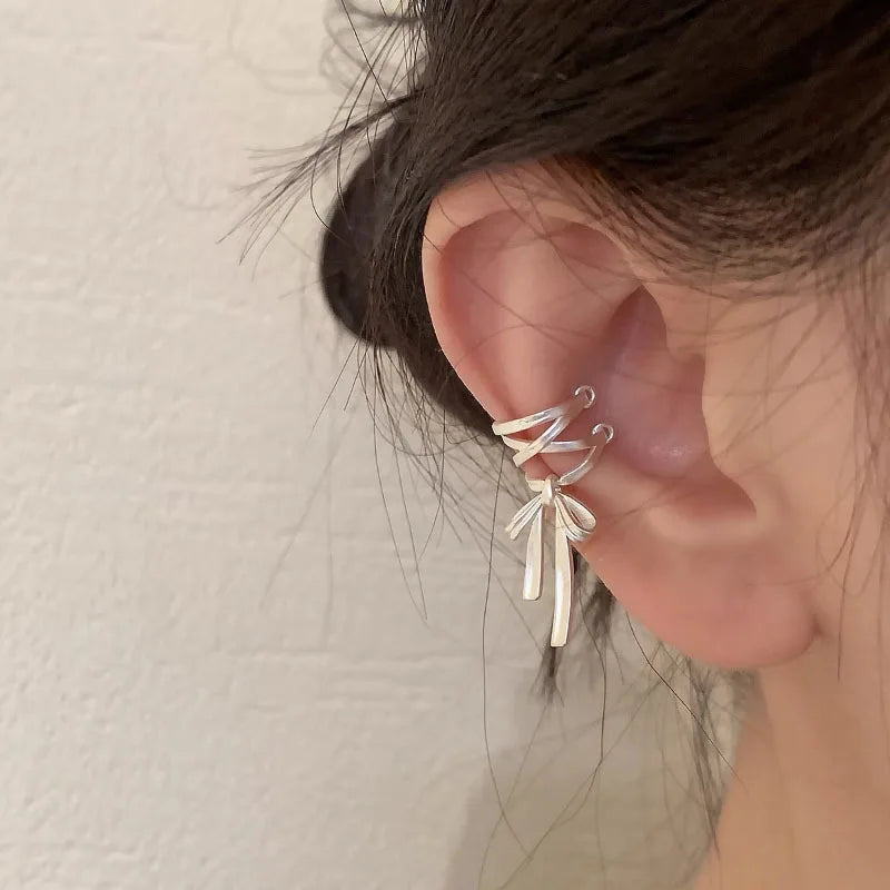 White Ribbon Ear Bone Clip Earrings