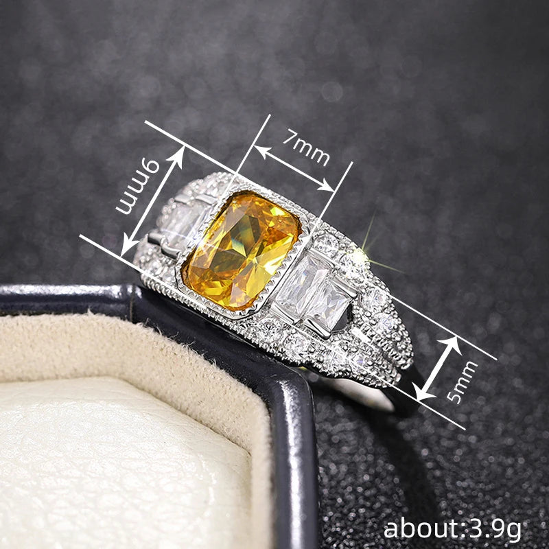 Silver Plated Dazzling Yellow Crystal Cubic Zirconia Engagement Wedding  Rings for Women