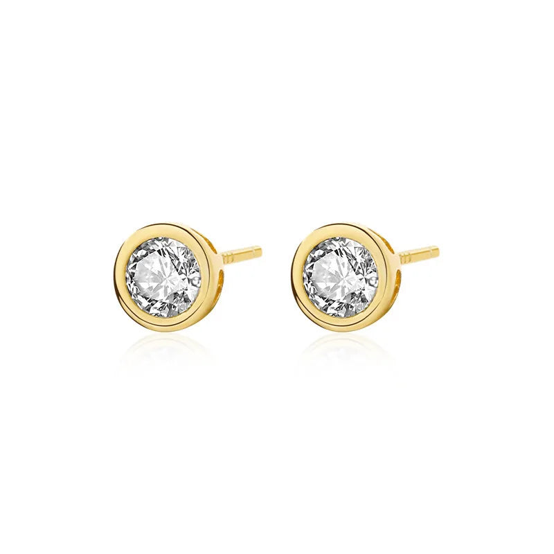 Sterling Silver Round Stud Earrings, Cubic Zirconia, Gold & Silver Gift for Woman, Man, Kids
