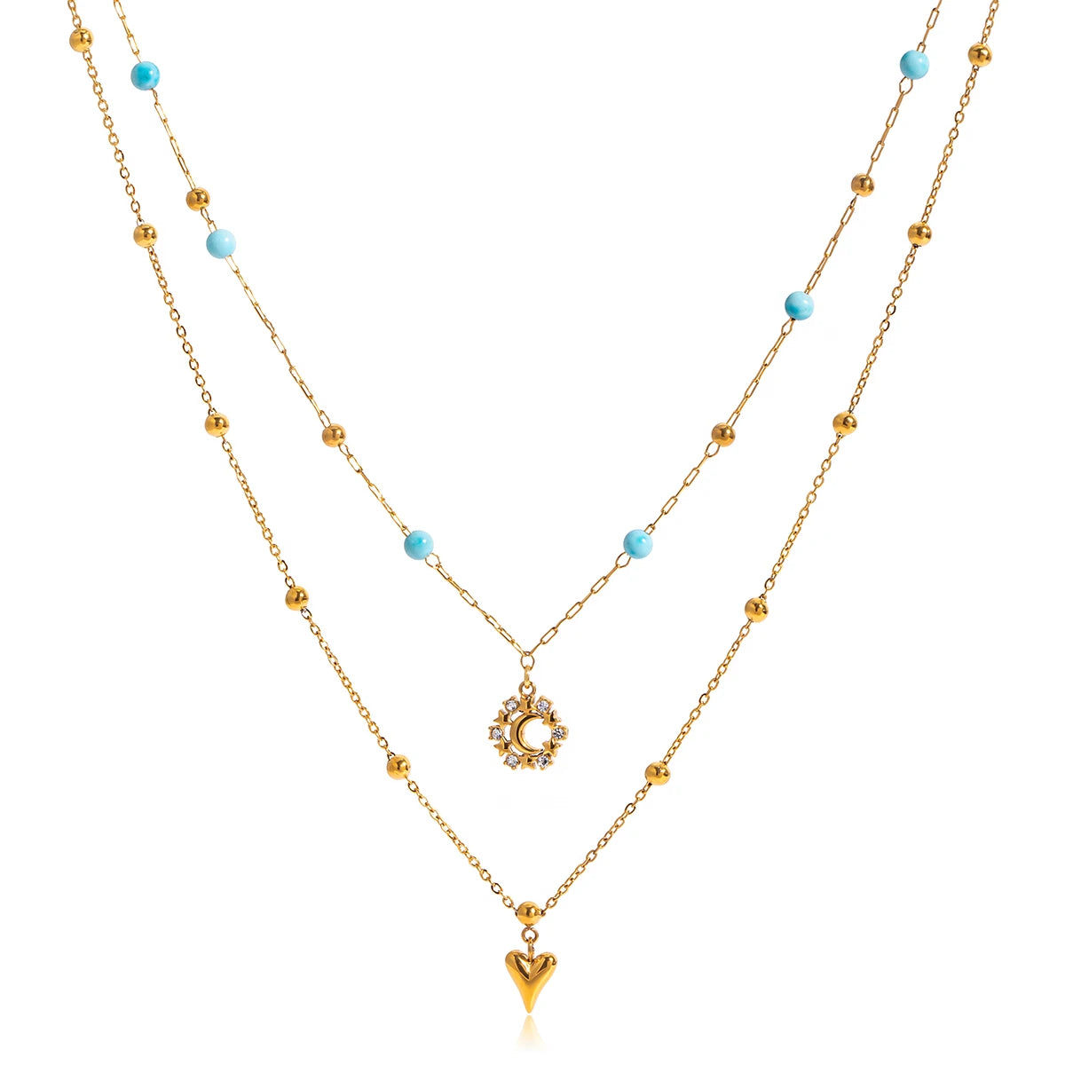 Unique Design 18k Gold Plated Stainless Steel Beads Rhinestone Moon Love Heart Double Layers Turquoise Necklaces