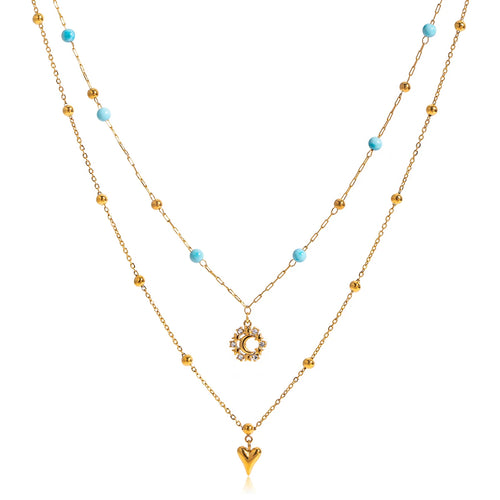 Load image 1 in gallery view. Unique Design 18k Gold Plated Stainless Steel Beads Rhinestone Moon Love Heart Double Layers Turquoise Necklaces