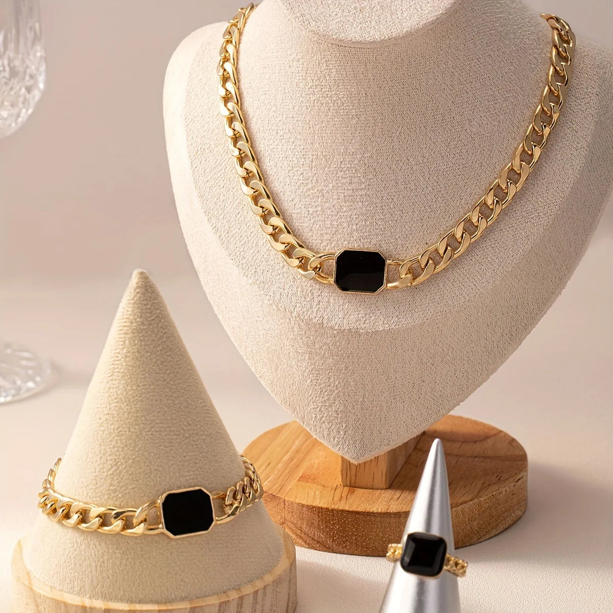 3pc Jewelry Set Exaggerated Geometric Black Gold Plated Necklace Chains
