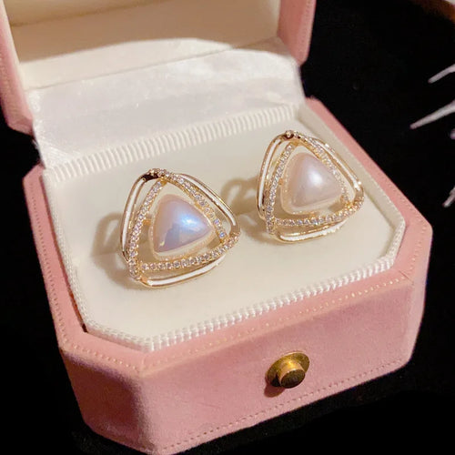 Load image 1 in gallery view. 14K Gold Plated Triangle Pearl Stud Earrings, Geometric Style