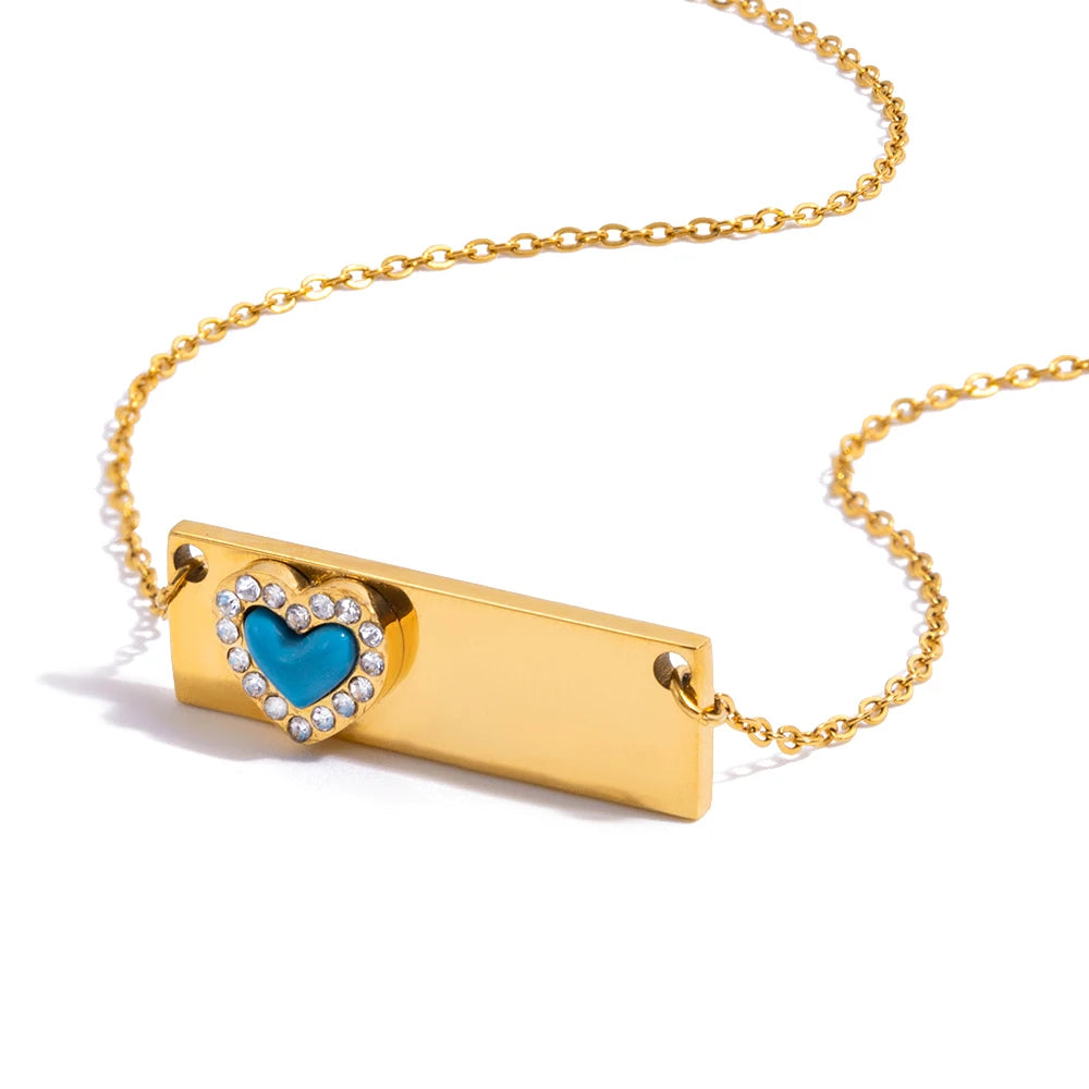 18K Gold Plated Classic White Rhinestone Blue Turquoise Heart Pendant Necklace