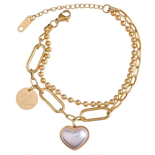 Load image 1 in gallery view. 18K Gold Plated  Double Layered White Pearl Heart Bracelet