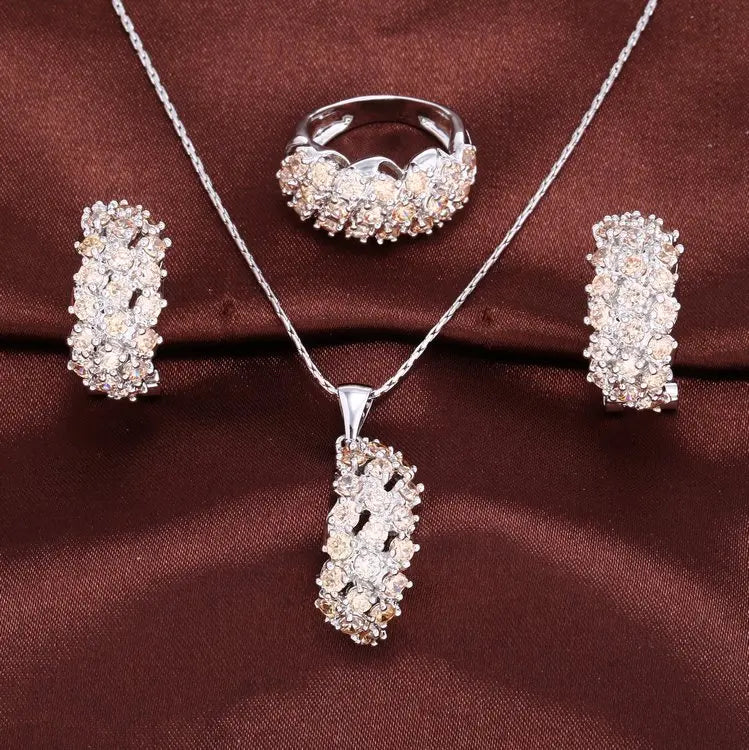 18k Gold Plated Cubic Zirconia Rings Earring Necklaces Jewelry Sets in 4 Colors Gold, White, Purple, Champagne