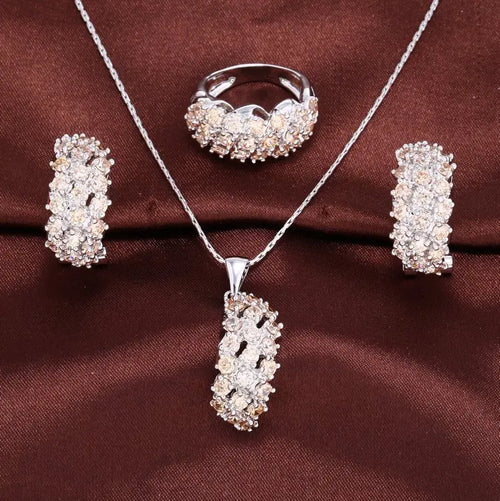 Load image 1 in gallery view. 18k Gold Plated Cubic Zirconia Rings Earring Necklaces Jewelry Sets in 4 Colors Gold, White, Purple, Champagne