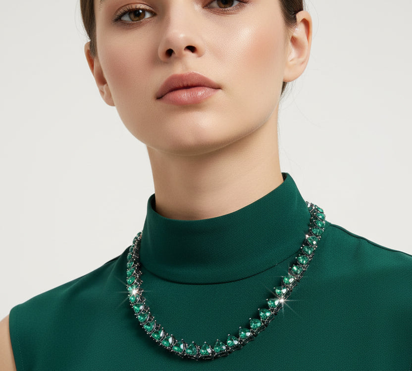Personalized Silver Plated Green Heart Baguette Necklaces 2pcs Set for Women Girlfriend Wife Gifts