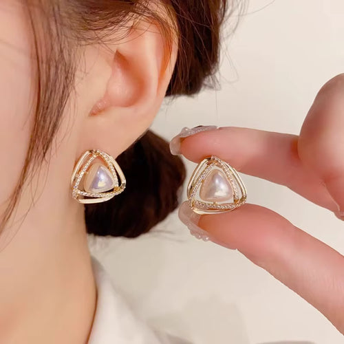 Load image 1 in gallery view. 14K Gold Plated Triangle Pearl Stud Earrings, Geometric Style