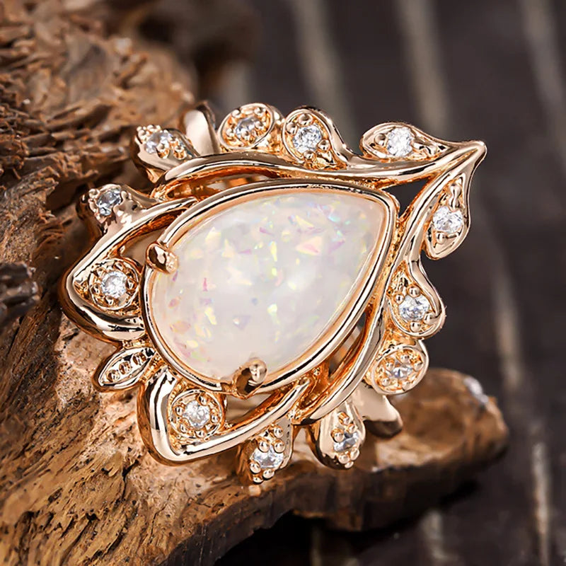 Champagne Gold Plated Zircon Rings Marquise Cut Pear Shaped Opal Rings for Women Wedding