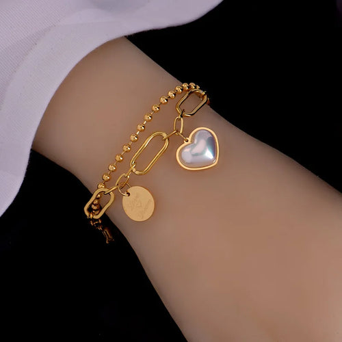 Load image 1 in gallery view. 18K Gold Plated  Double Layered White Pearl Heart Bracelet