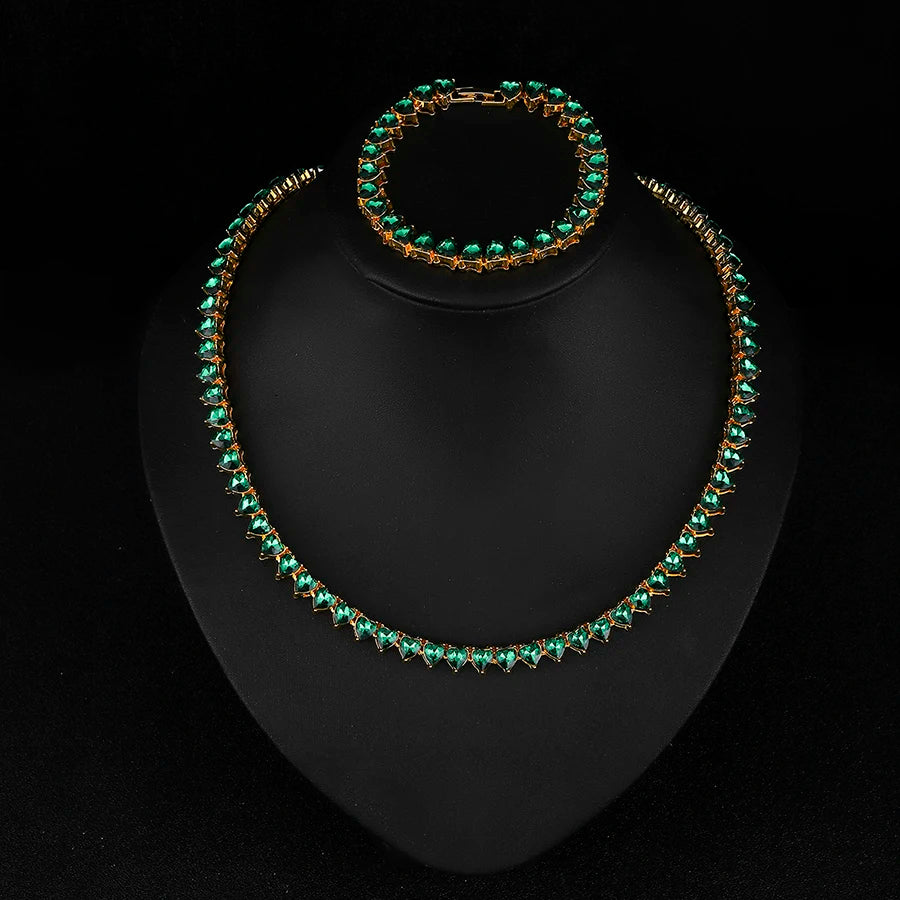 Personalized Gold Plated Green Heart Baguette Necklaces 2pcs Set for Women Girlfriend Wife Gifts
