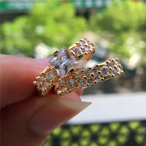 Load image 1 in gallery view. Gold Plated Wedding Rings Set with Clear Zircon