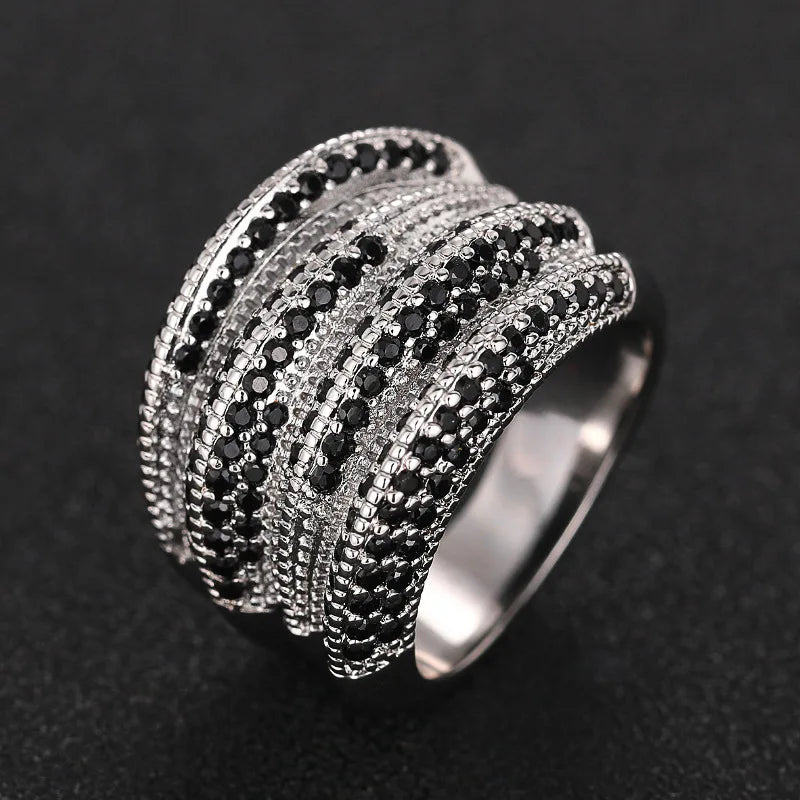Silver Plated Multi Layers Sparkling White/Black Zircon Rings Wedding for Women