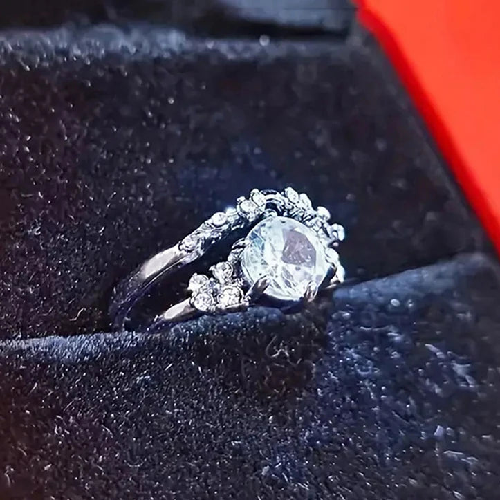 Silver Plated 2Pcs Set Round Rings Round Imitated Diamond for Engagement