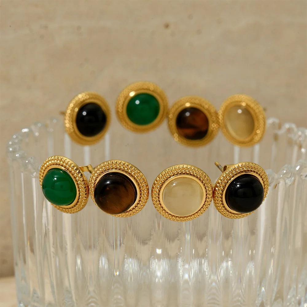 Gold Plated  Vintage Stud Earrings with Natural Stone Ball Design Waterproof