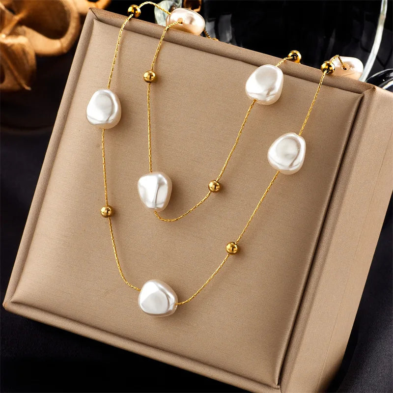 Double Layered Simulated Baroque Floating Multiple Pearl Necklace