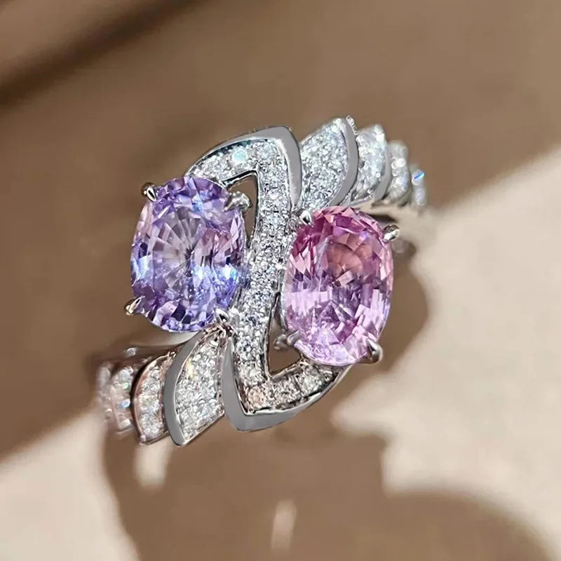 Oval Purple/Pink Crystal Zircon Rings Bridal Wedding Imitated Rhodium Plated CZ Rings for Women