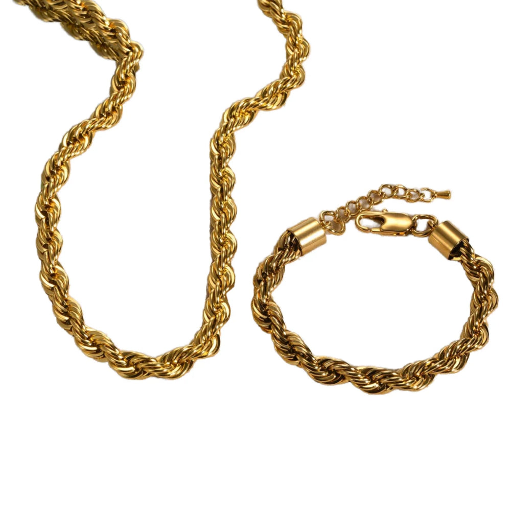 Gold Plated Twisted Rope Chain Choker Necklace and Bracelet Set for Parties Weddings For Women Men