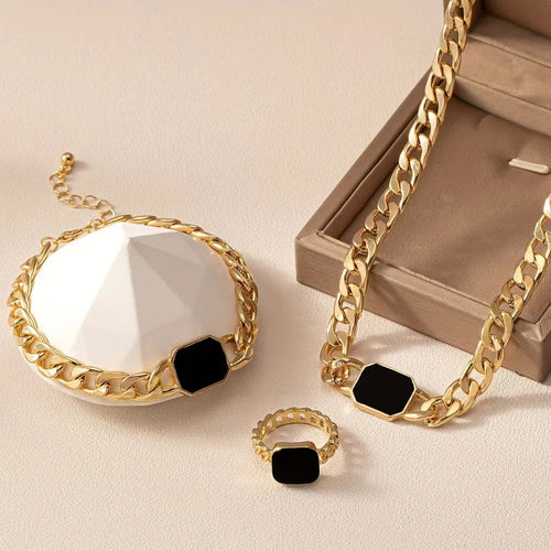 Load image 1 in gallery view. 3pc Jewelry Set Exaggerated Geometric Black Gold Plated Necklace Chains