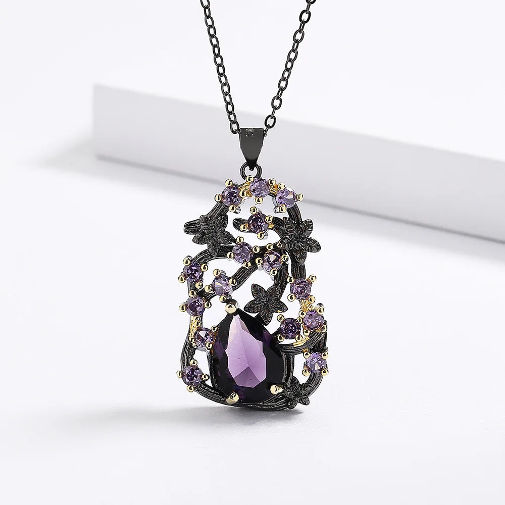 Retro Style Gothic Black Rhodium Plated Hollow Branch Purple Zircon Necklace for Women