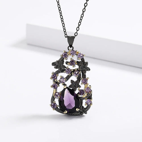 Load image 1 in gallery view. Retro Style Gothic Black Rhodium Plated Hollow Branch Purple Zircon Necklace for Women