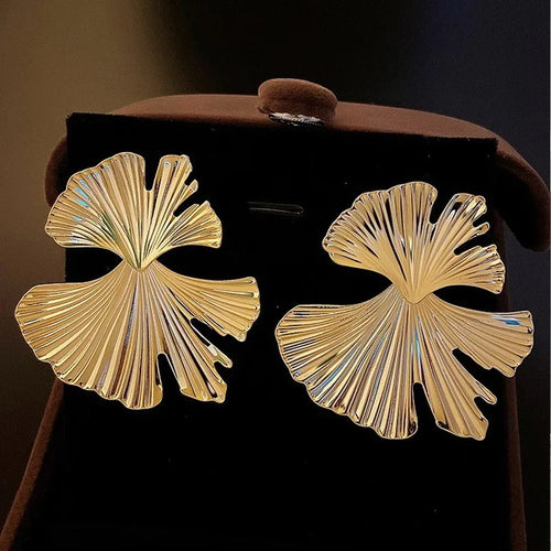 Load image 1 in gallery view. Gold Plated Ginkgo Leaf Stud Earrings | Trendy Floral Jewelry