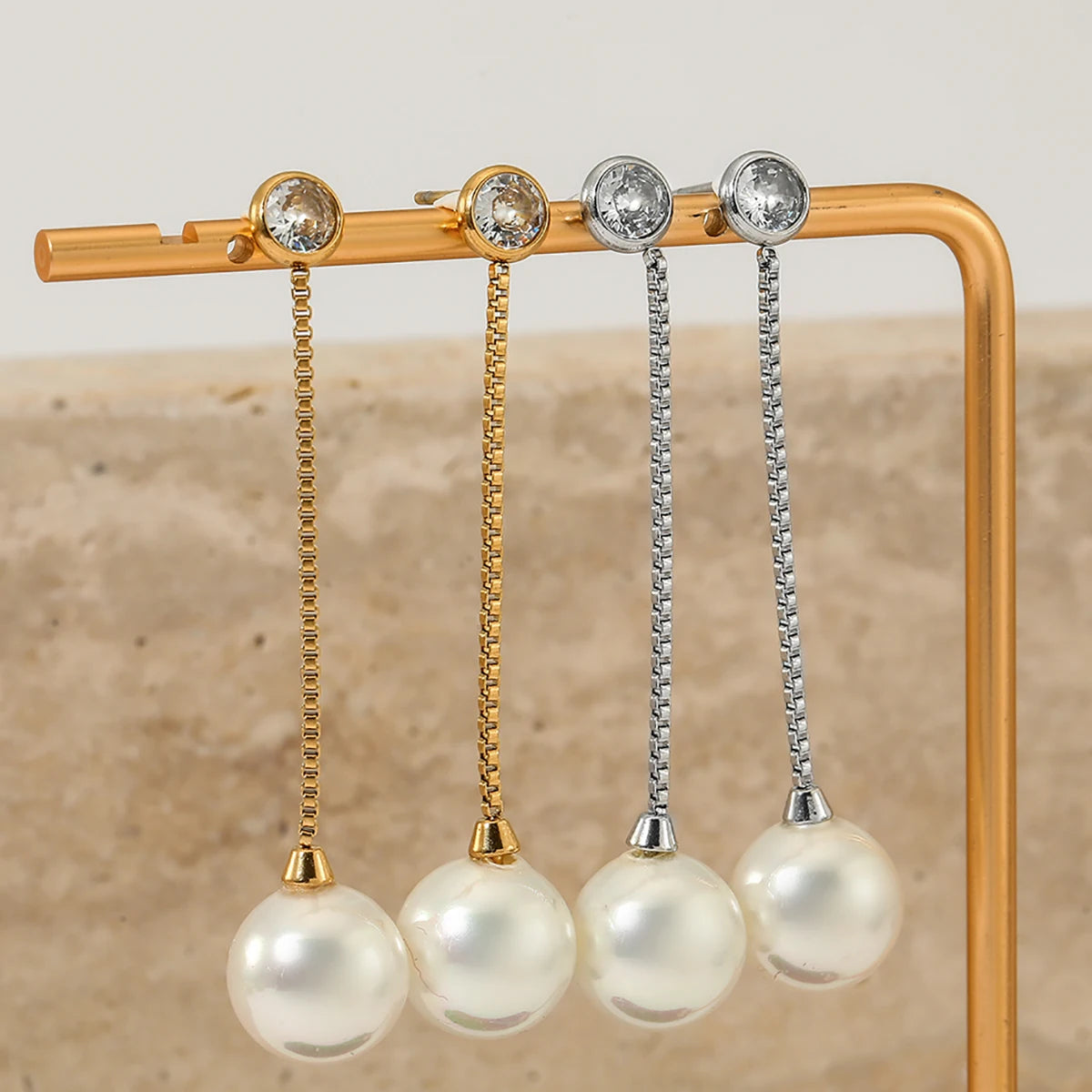 Gold and Silver Plated Pearl Zircon Drop Earrings Stainless Steel Waterproof Non-Tarnish Chain