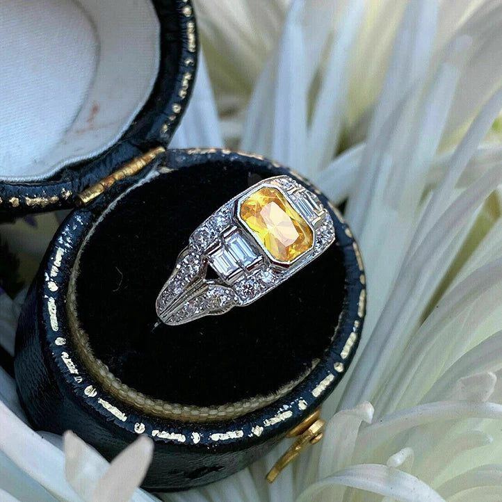 Silver Plated Dazzling Yellow Crystal Cubic Zirconia Engagement Wedding  Rings for Women