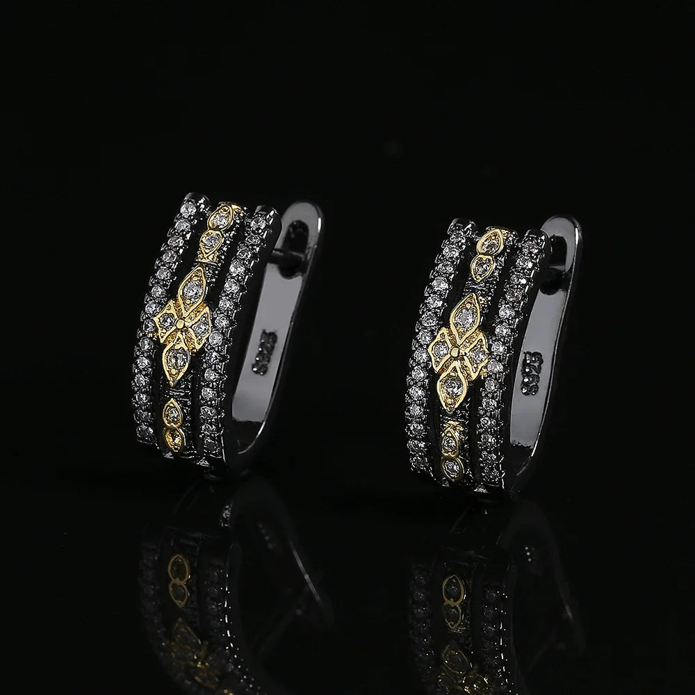 Vintage Antique Black Rhodium Plated Zircon Stud Earrings for Women Geometric Shape