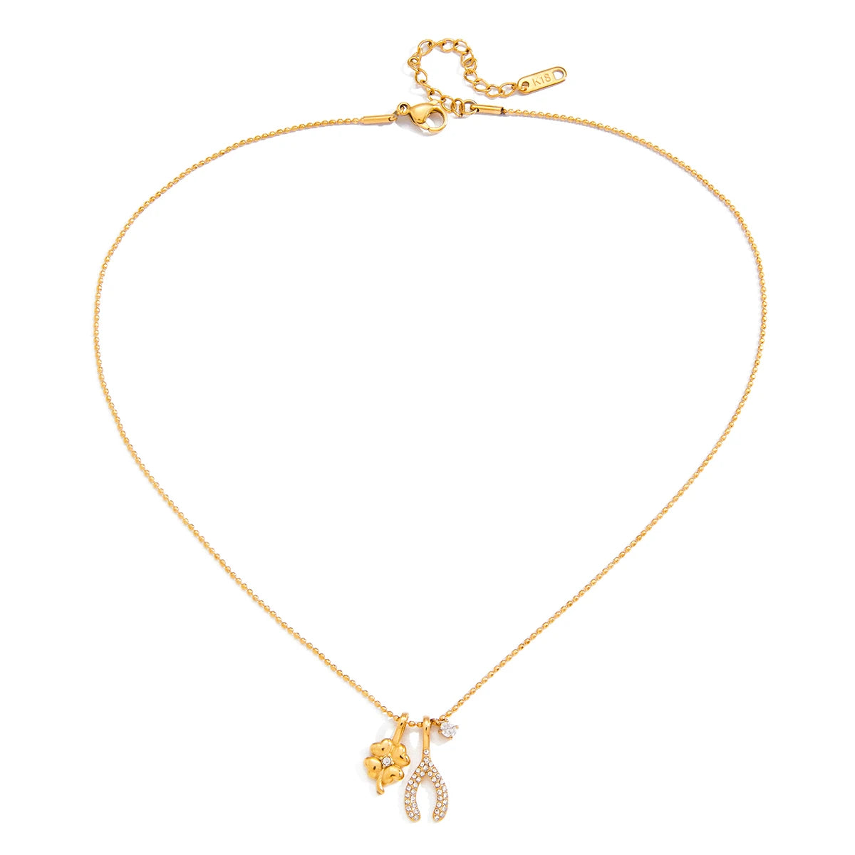 Zircon Four Leaf Clover Wishbone Bead Chain Lucky Charms Necklace Waterproof/Hypoallergenic